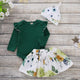 Grüner gekräuselter Onesie-Blumenrock + Hut-Outfit